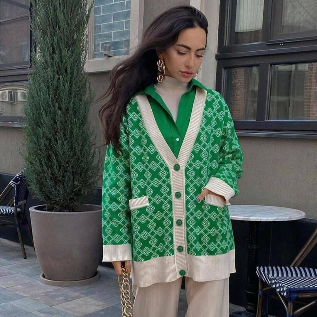 Green Diamond Pattern V-Neck Button Up Long Sleeve Knit Cardigan 3