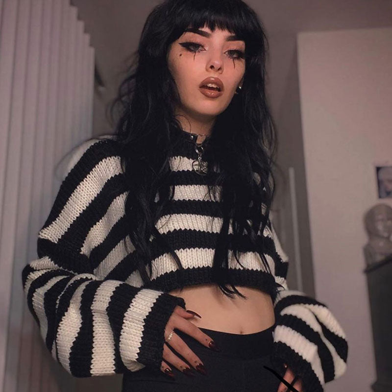 Stripe Striped Drop Shoulder Long Sleeve Cropped Knit Sweater