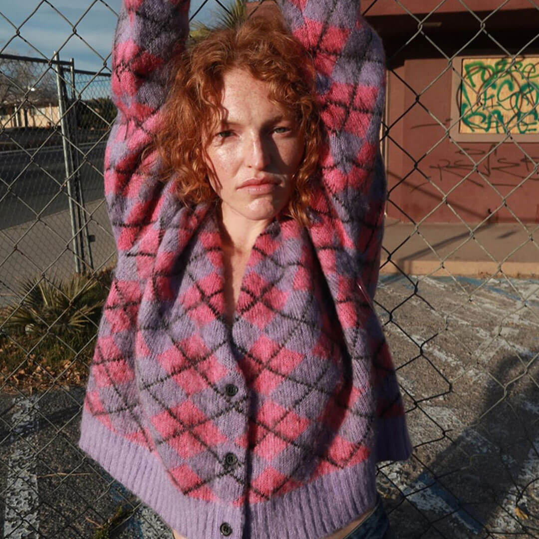 Purple Argyle Pattern Button Up Long Sleeve Knit Cardigan