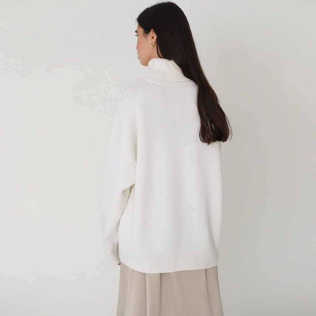 White Turtleneck Drop Shoulder Long Sleeve Oversized Knit Sweater