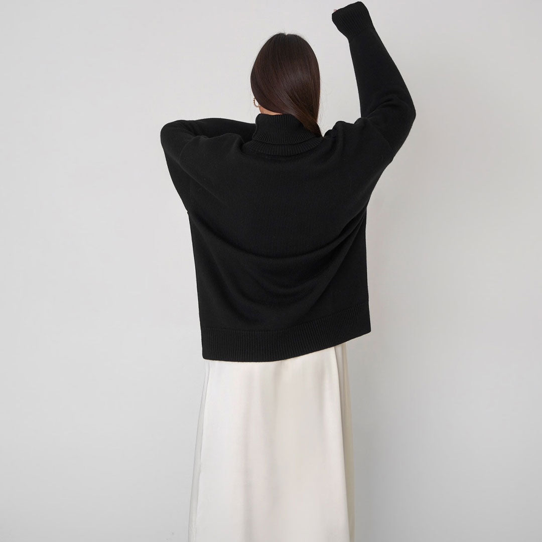 Black Turtleneck Long Sleeve Oversized Rib Knit Drop Shoulder Sweater