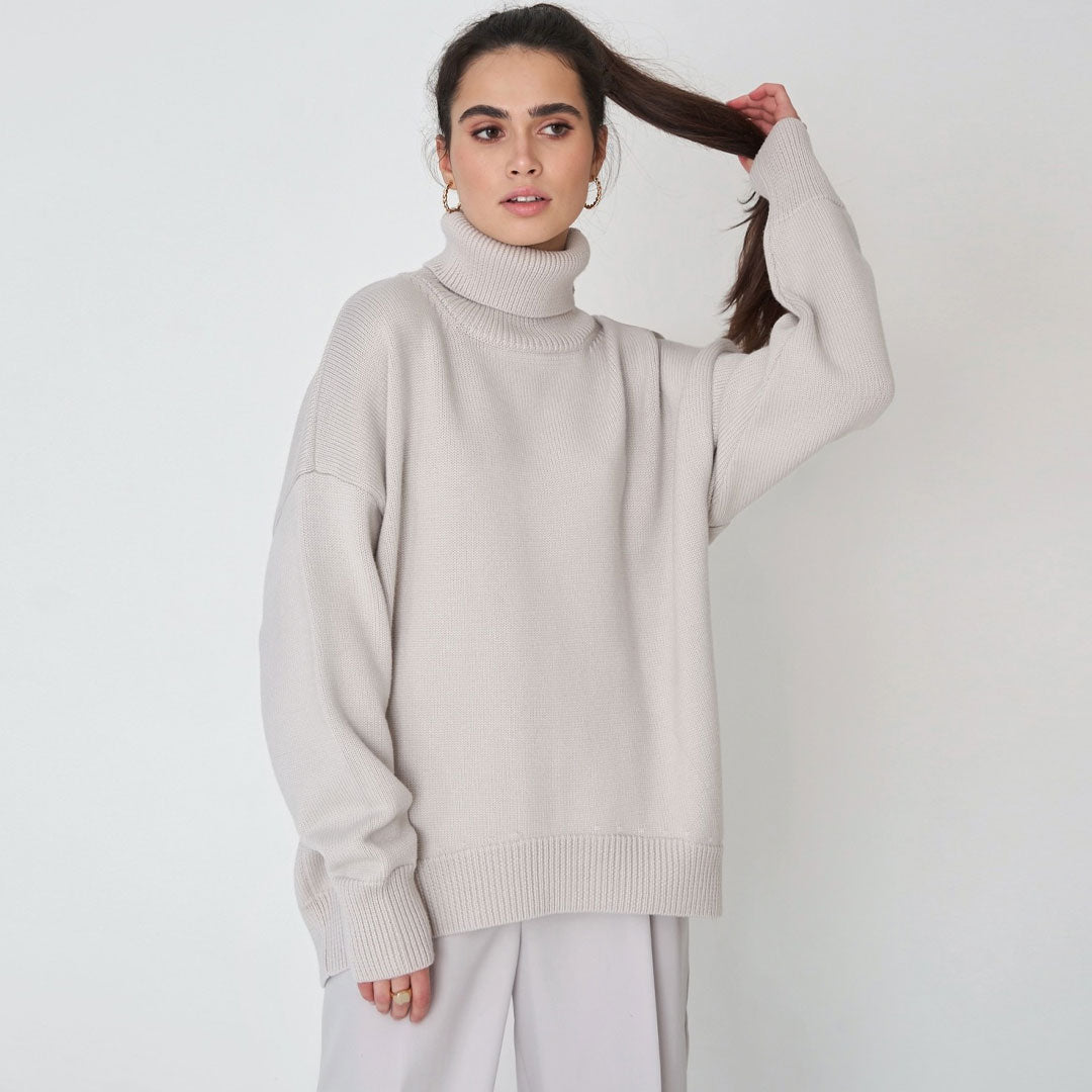 Gray Turtleneck Long Sleeve Oversized Rib Knit High-Low Sweater