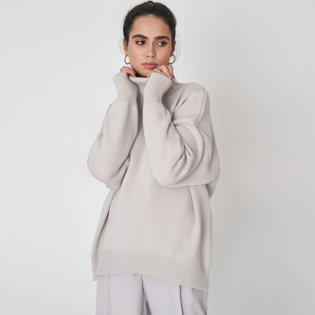 Gray Turtleneck Long Sleeve Oversized Rib Knit High-Low Sweater