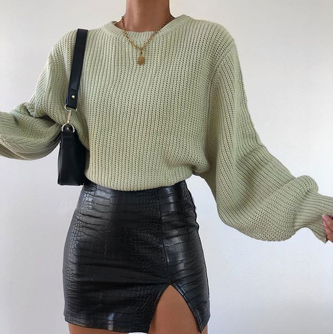 Sage Green Ribbed Knit Round Neck Bishop Sleeve Pullover Sweater