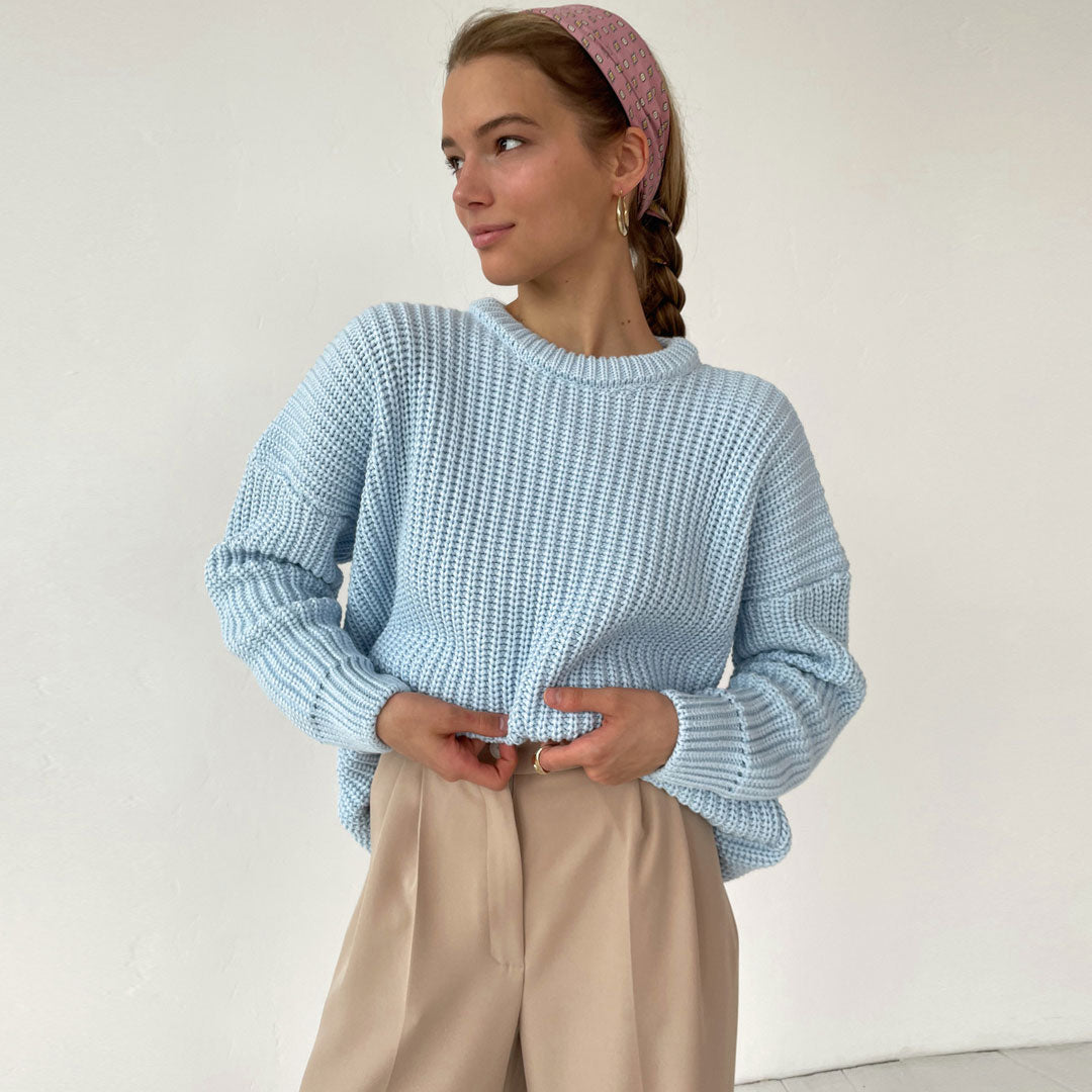 Light Blue Oversized Ribbed Knit Crewneck Drop Shoulder Pullover Sweater