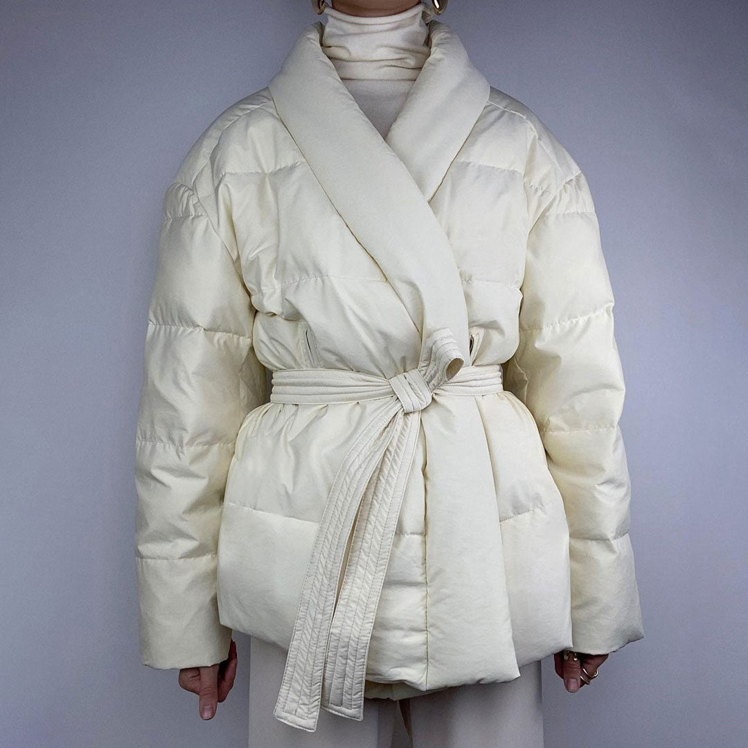 White Shawl Collar Belted Oversized Puffer Jacket