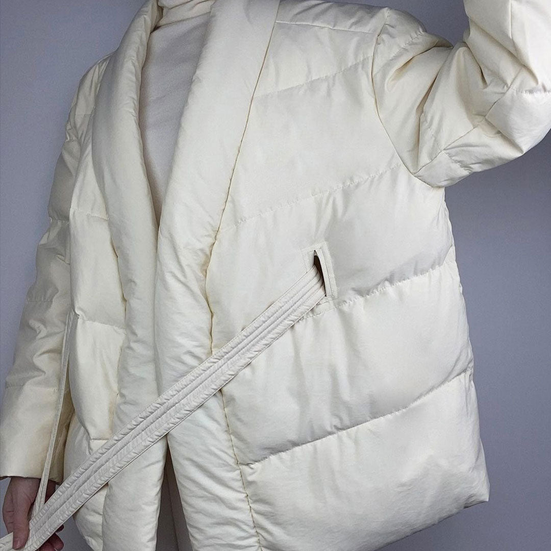 White Shawl Collar Belted Oversized Puffer Jacket