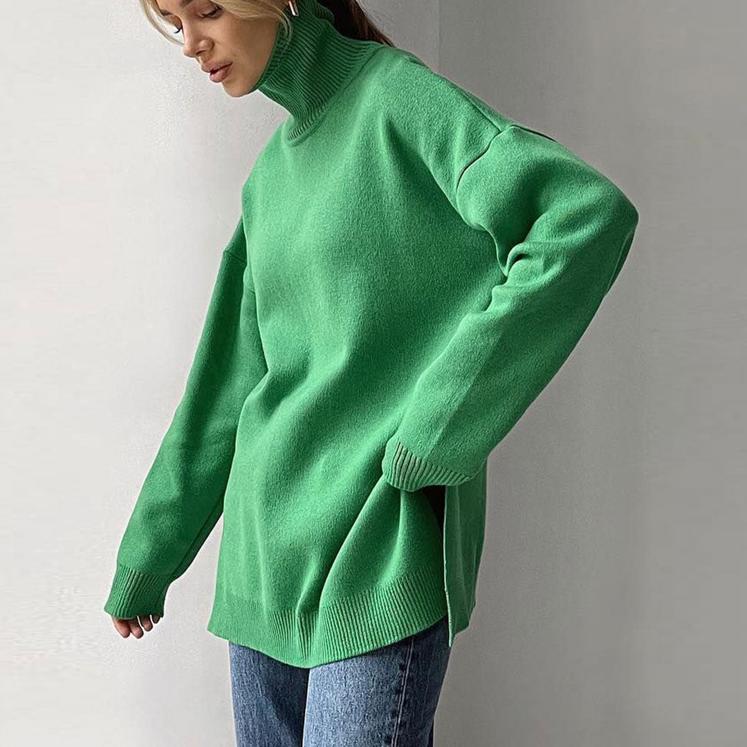 Green Turtleneck Long Sleeve Side Slit Oversized Pullover Sweater