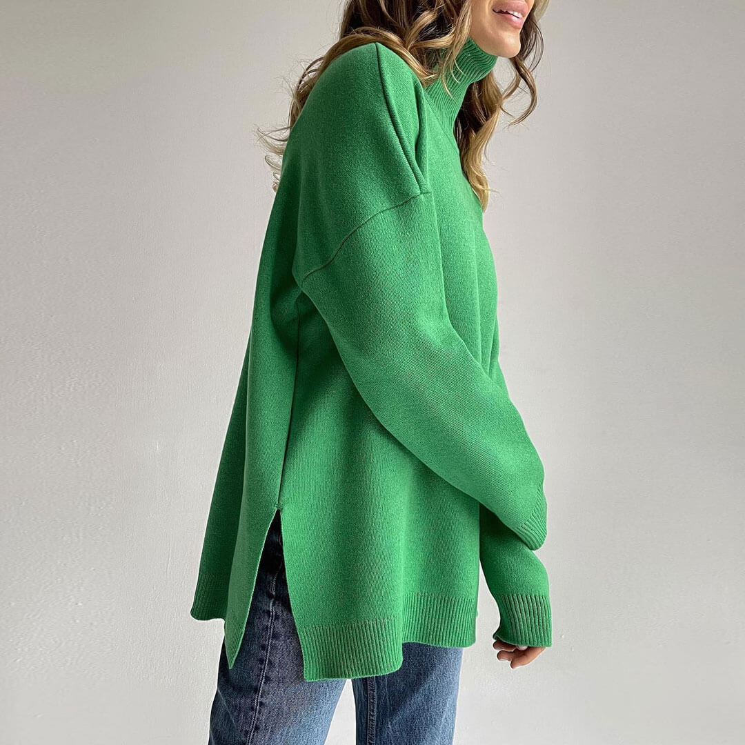 Green Turtleneck Long Sleeve Side Slit Oversized Pullover Sweater