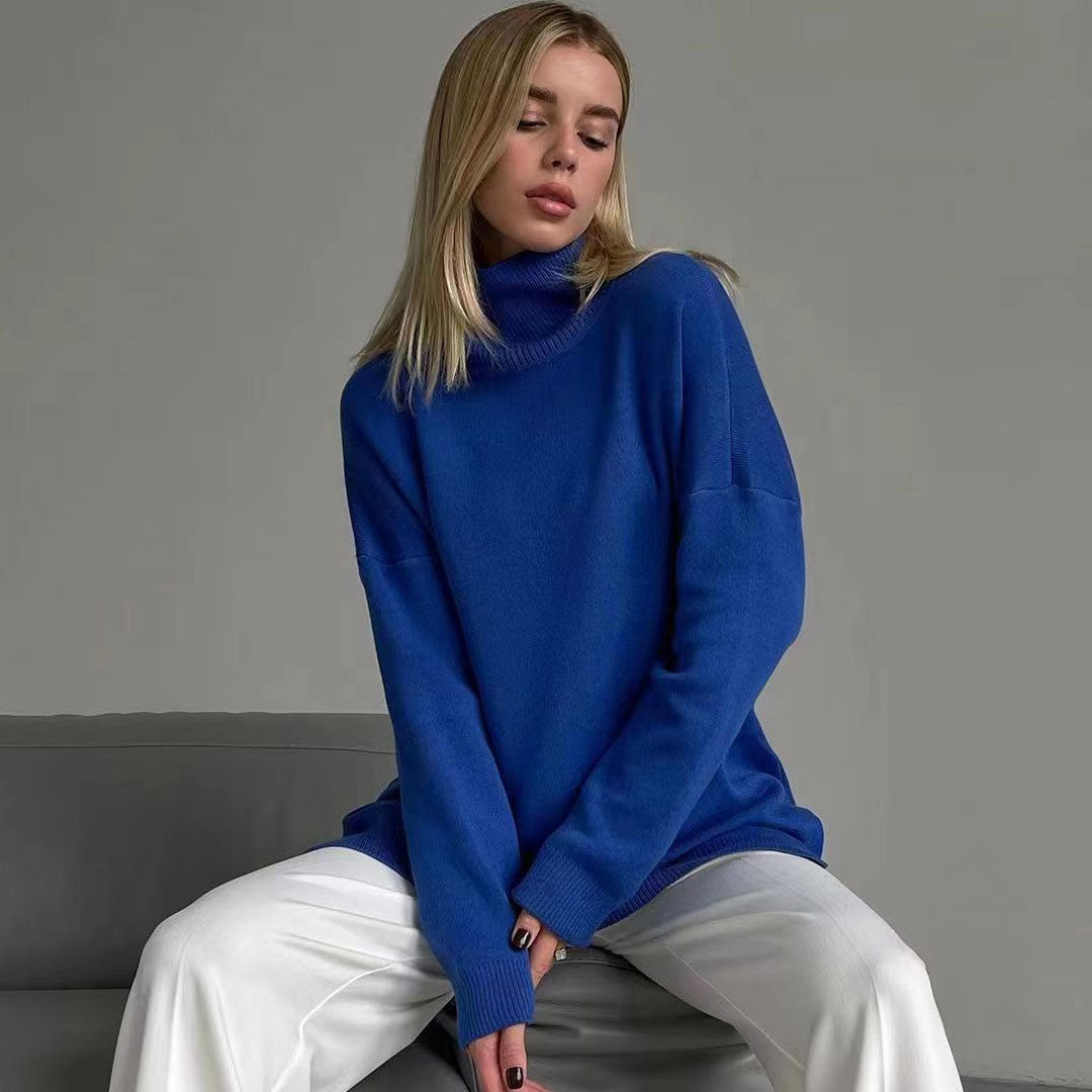 Royal Blue Turtleneck Long Sleeve Side Slit Oversized Pullover Sweater