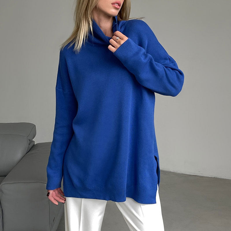 Royal Blue Turtleneck Long Sleeve Side Slit Oversized Pullover Sweater