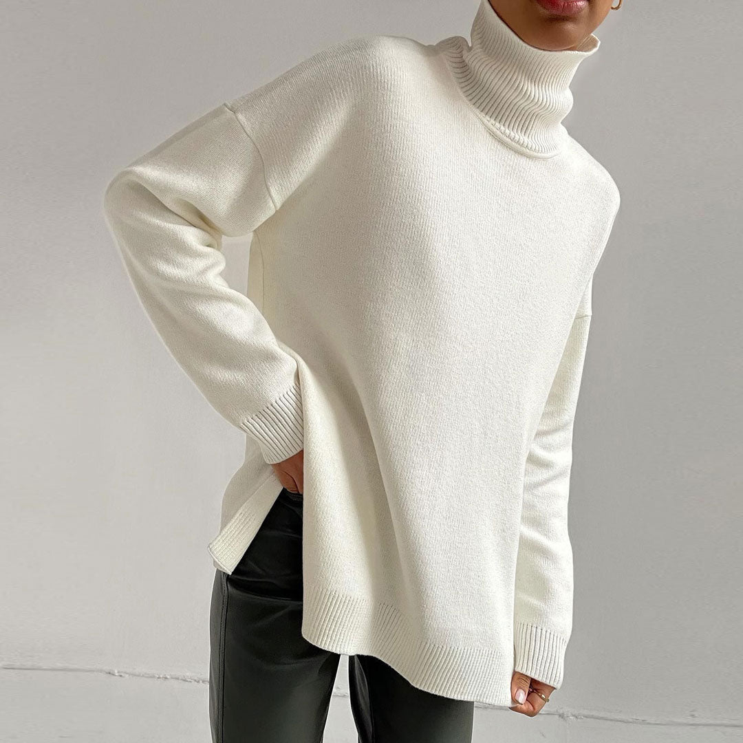 White Turtleneck Long Sleeve Side Slit Oversized Pullover Sweater