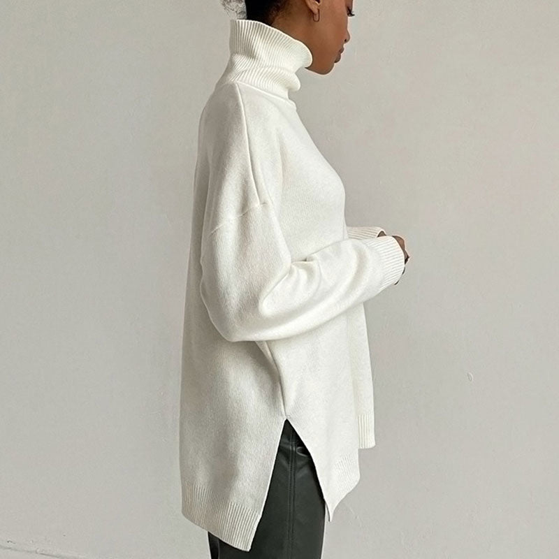 White Turtleneck Long Sleeve Side Slit Oversized Pullover Sweater