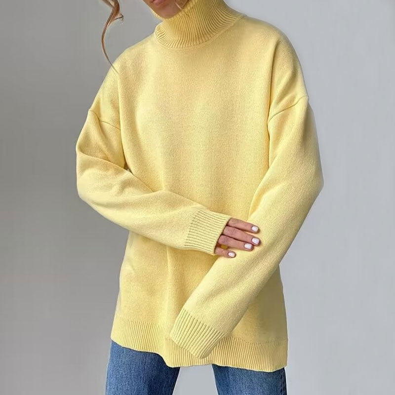 Yellow Turtleneck Long Sleeve Side Slit Oversized Pullover Sweater