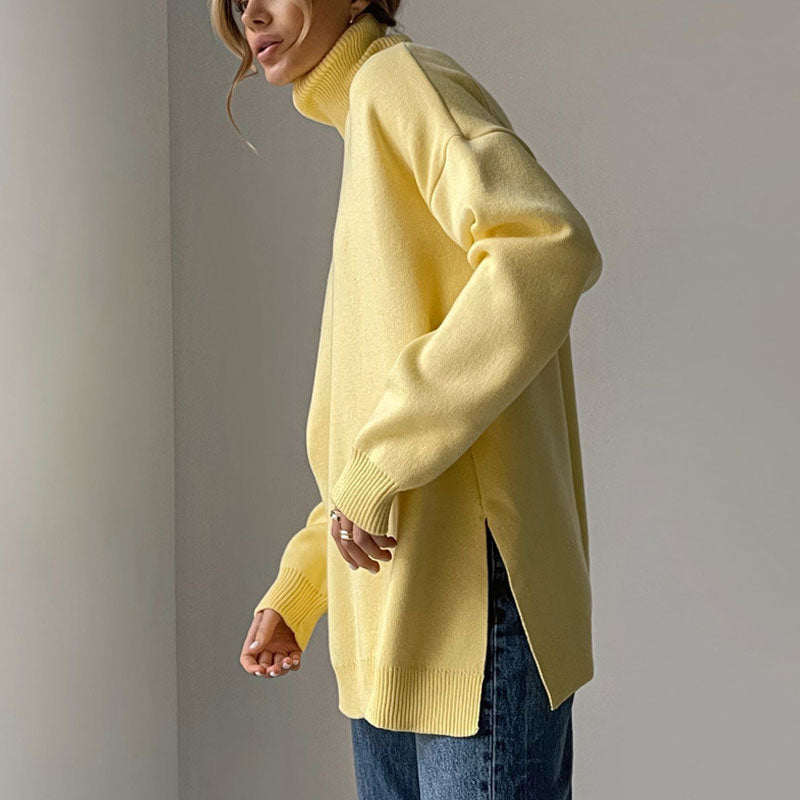 Yellow Turtleneck Long Sleeve Side Slit Oversized Pullover Sweater 2