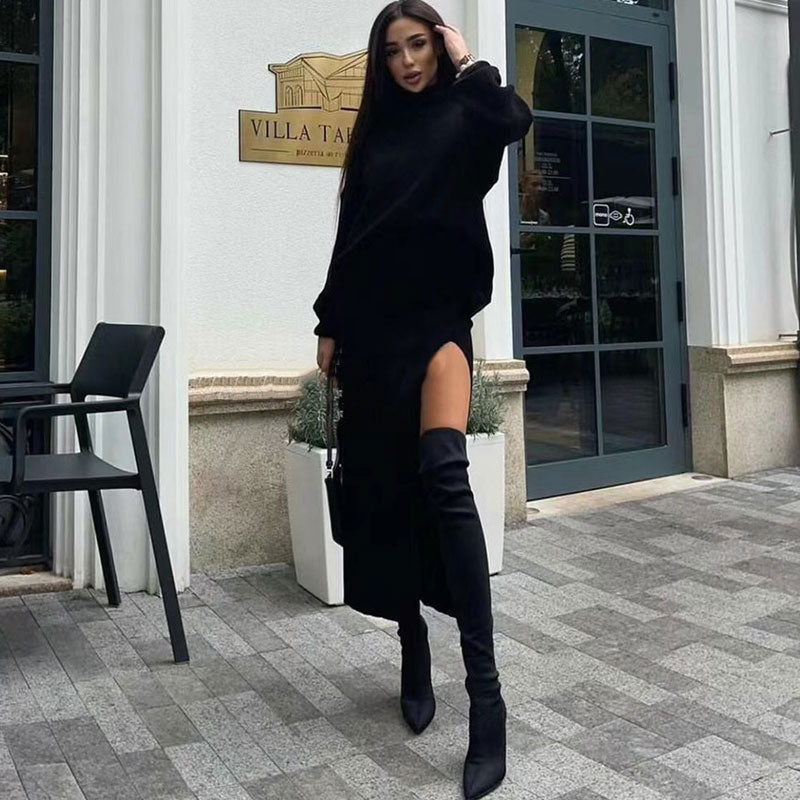 Black Turtleneck Oversized Sweater High Split Midi Skirt Set