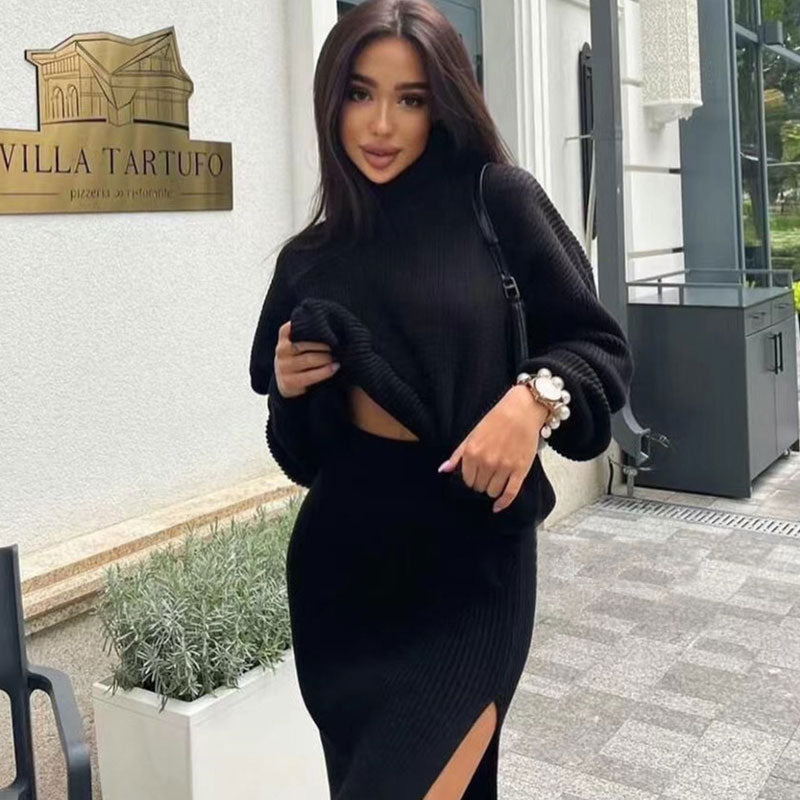 Black Turtleneck Oversized Sweater High Split Midi Skirt Set