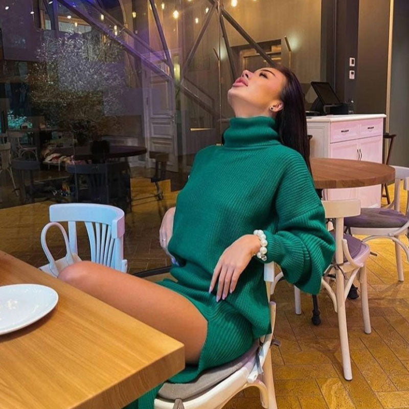 Emerald Green Turtleneck Oversized Sweater High Split Midi Skirt Set