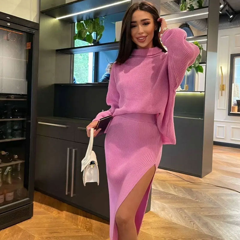 Pink Turtleneck Oversized Sweater High Split Midi Skirt Set