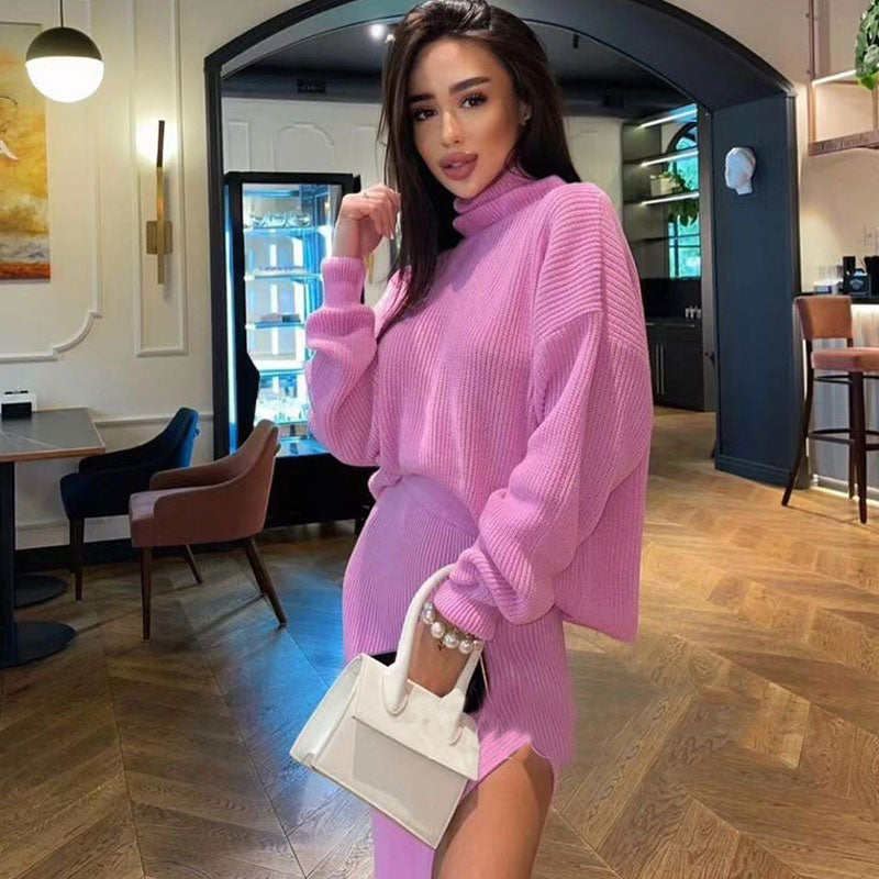 Pink Turtleneck Oversized Sweater High Split Midi Skirt Set