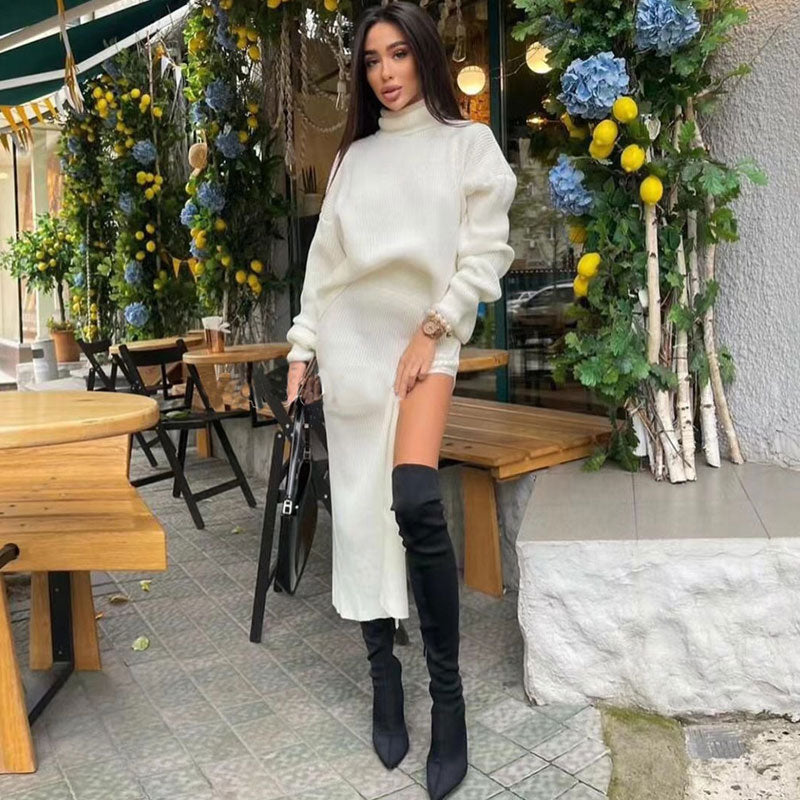 White Turtleneck Oversized Sweater High Split Midi Skirt Set