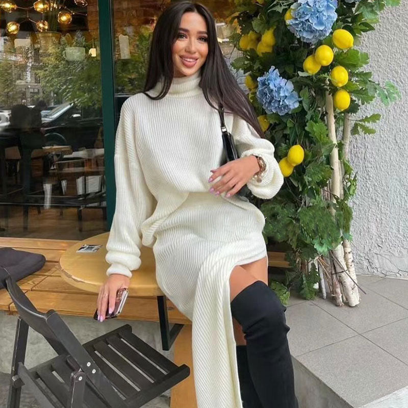 White Turtleneck Oversized Sweater High Split Midi Skirt Set