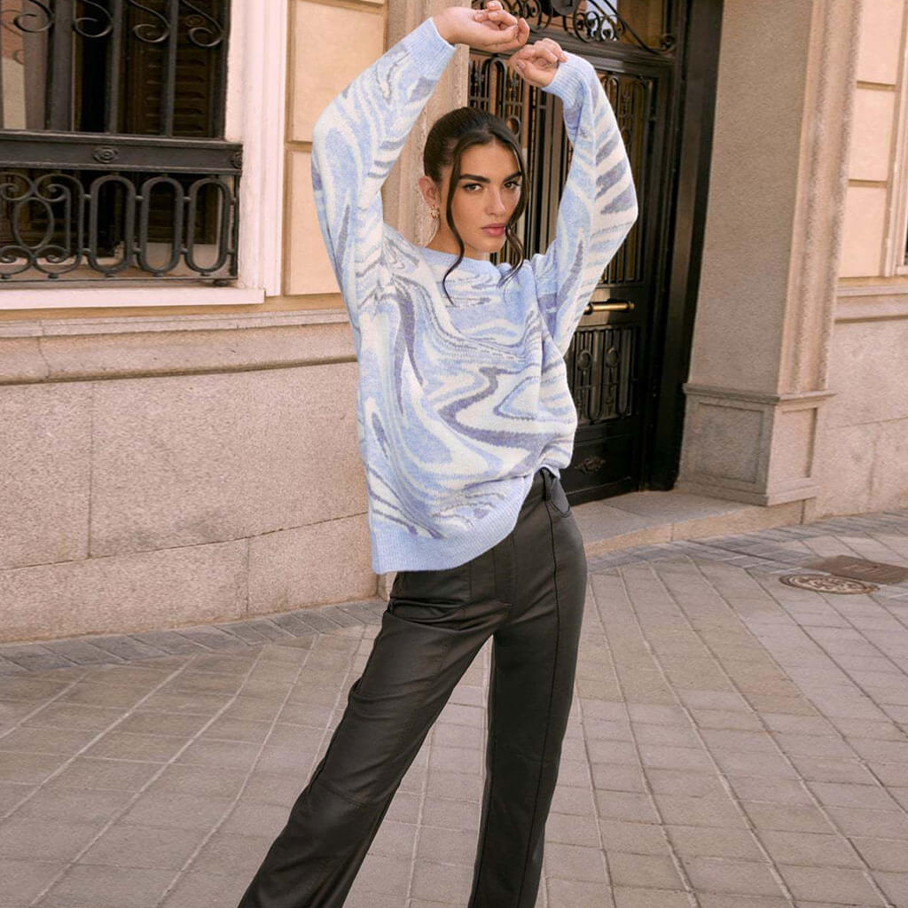 Blue Crew Neck Wave Swirl Print Oversized Long Sleeve Pullover Sweater