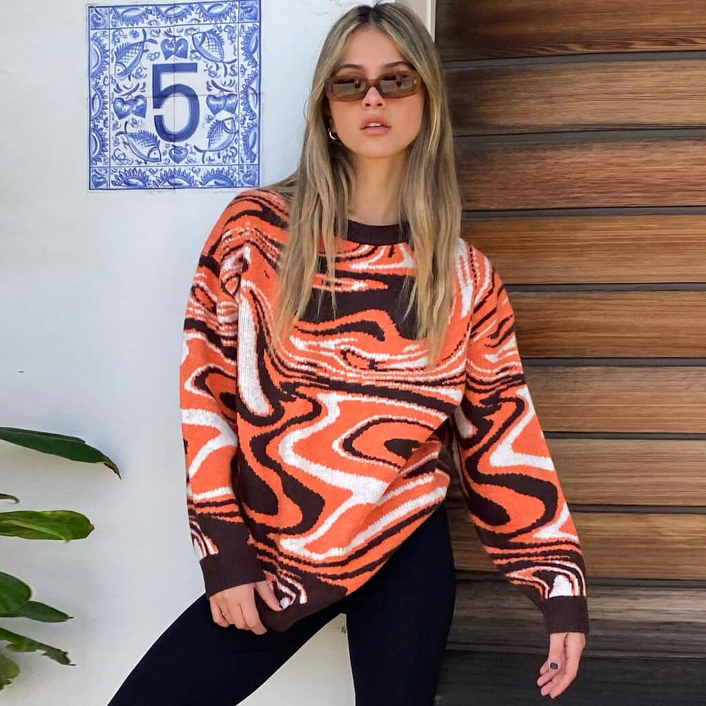 Burnt Orange Crew Neck Swirl Print Long Sleeve Oversized Pullover Sweater