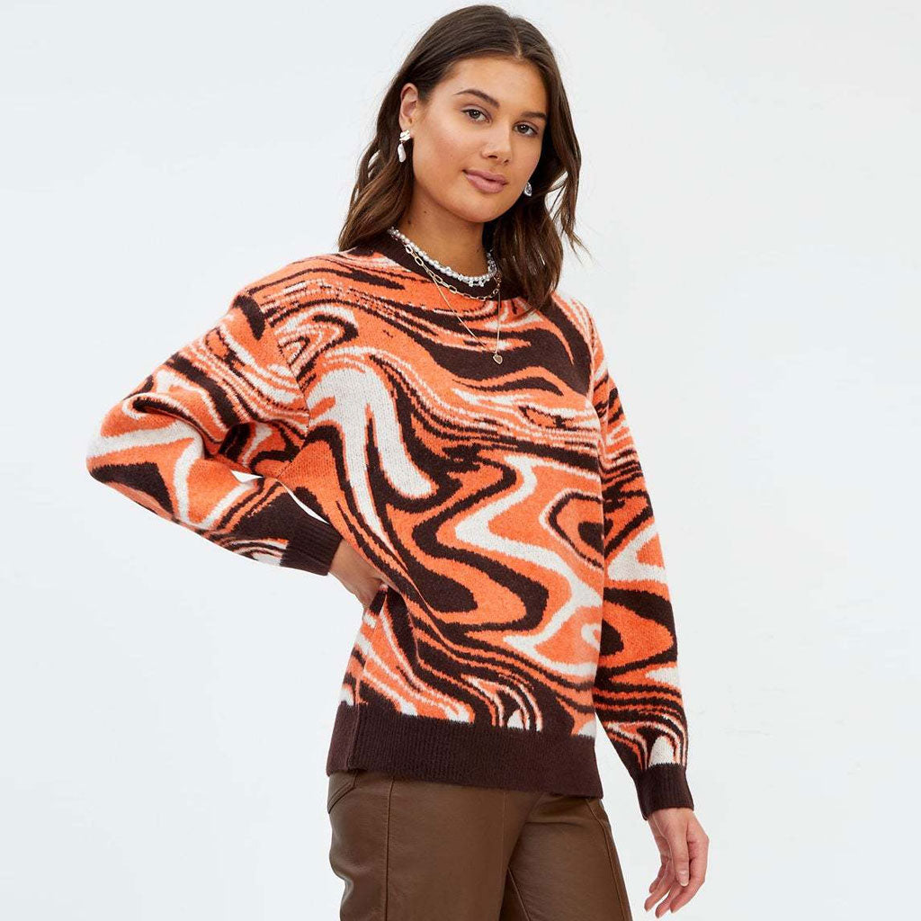 Burnt Orange Crew Neck Swirl Print Long Sleeve Oversized Pullover Sweater