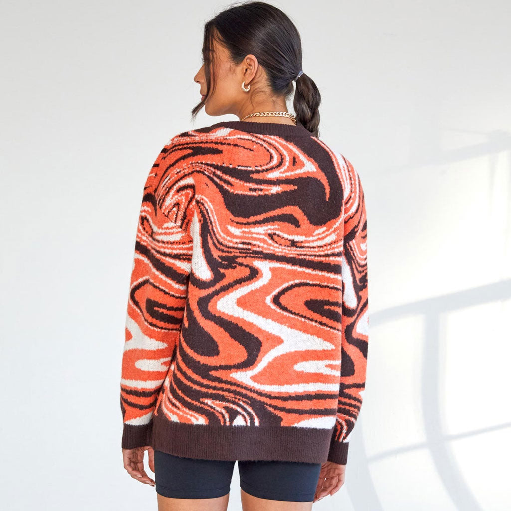 Burnt Orange Crew Neck Swirl Print Long Sleeve Oversized Pullover Sweater