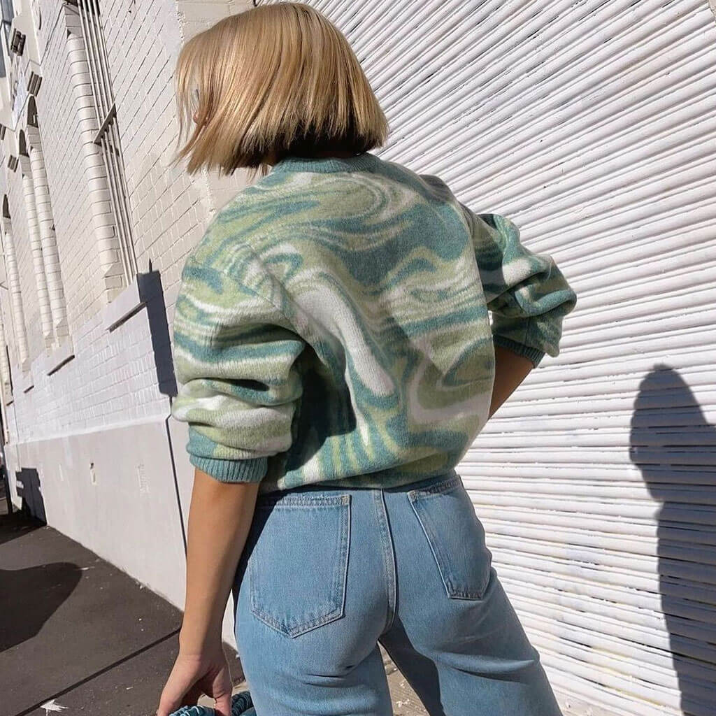 Green Crew Neck Swirl Print Long Sleeve Oversized Pullover Sweater