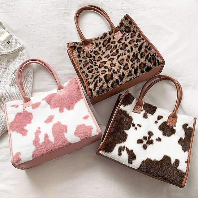 Leopard Faux Fur Leather Trim Tote Bag