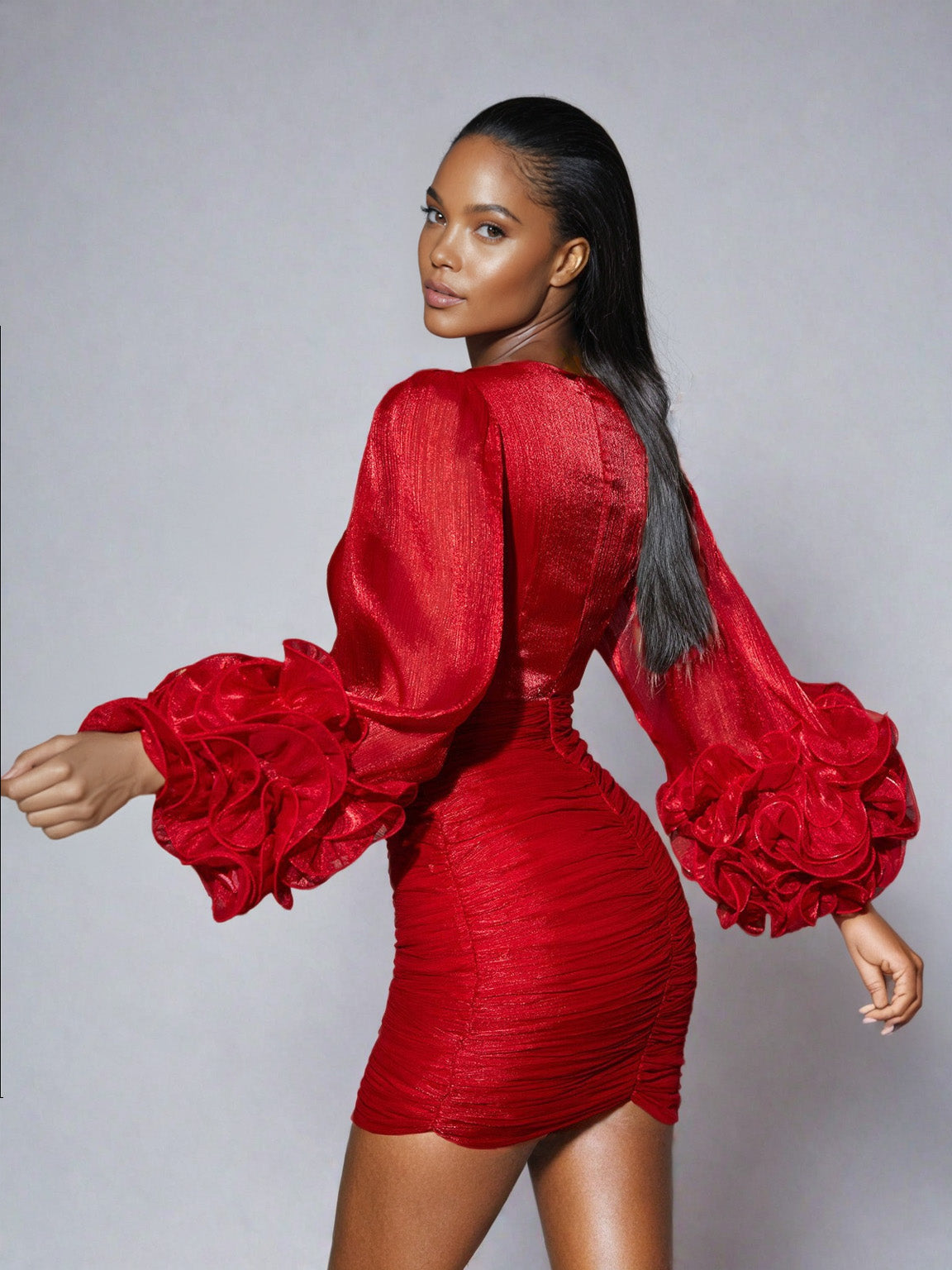 V Neck Ruched Mini Dress In Red