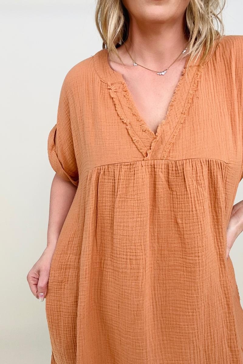 V-Neck Short Sleeve Gauze Raw Edge Babydoll Mini Dress