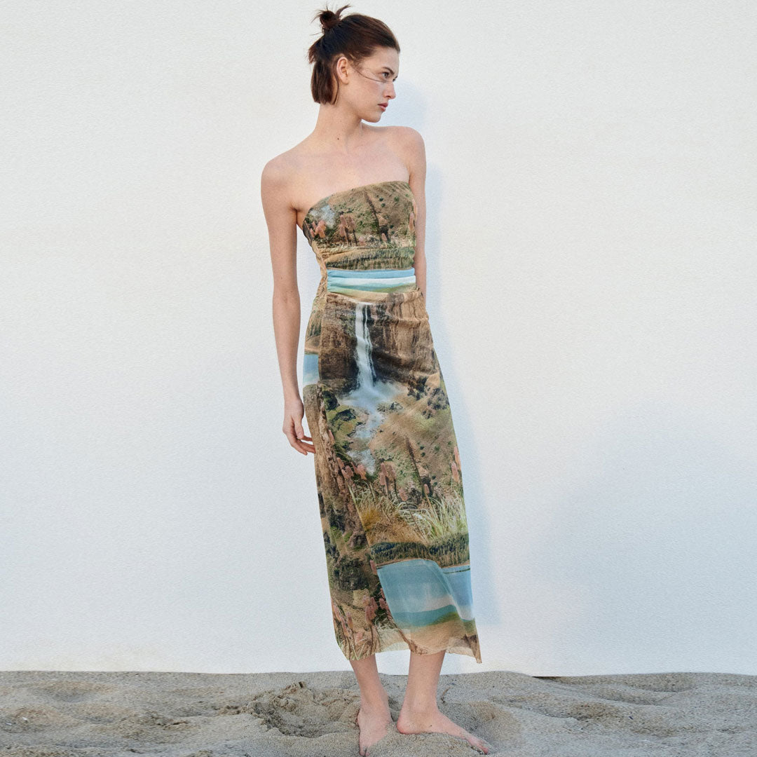 Green Strapless Landscape Print Ruched Mesh Side Slit Midi Dress