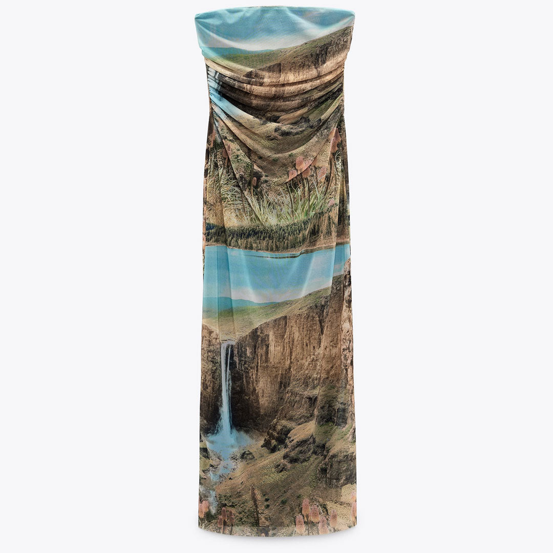 Green Strapless Landscape Print Ruched Mesh Side Slit Midi Dress