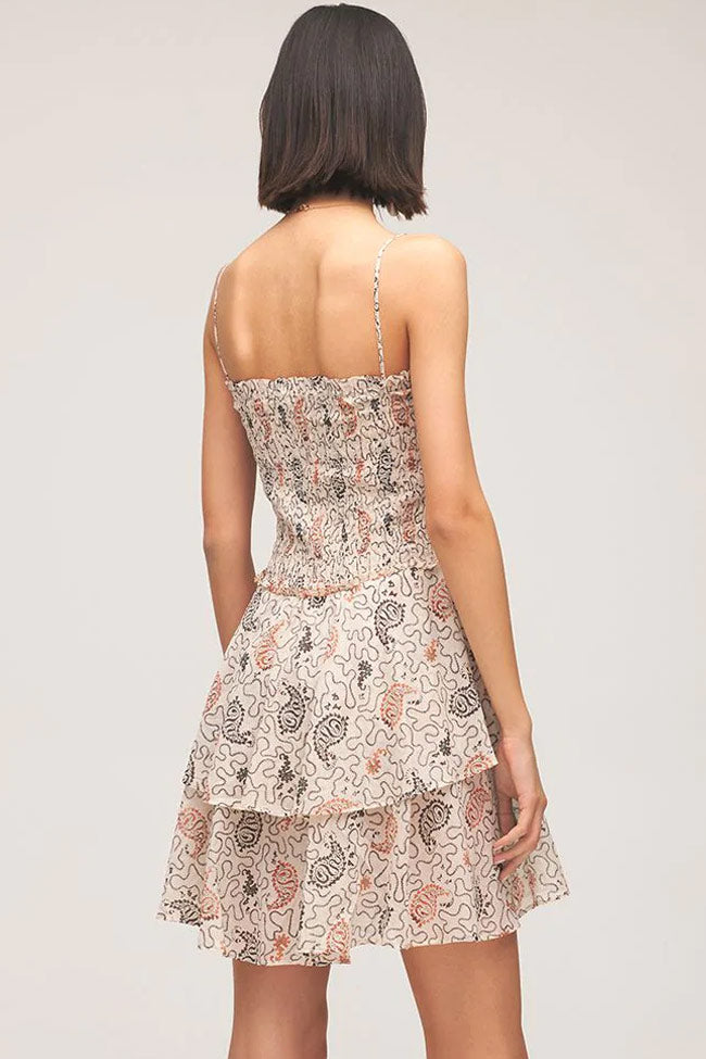 Beige Spaghetti Strap Paisley Floral Smocked Tiered Ruffle Mini Dress 2