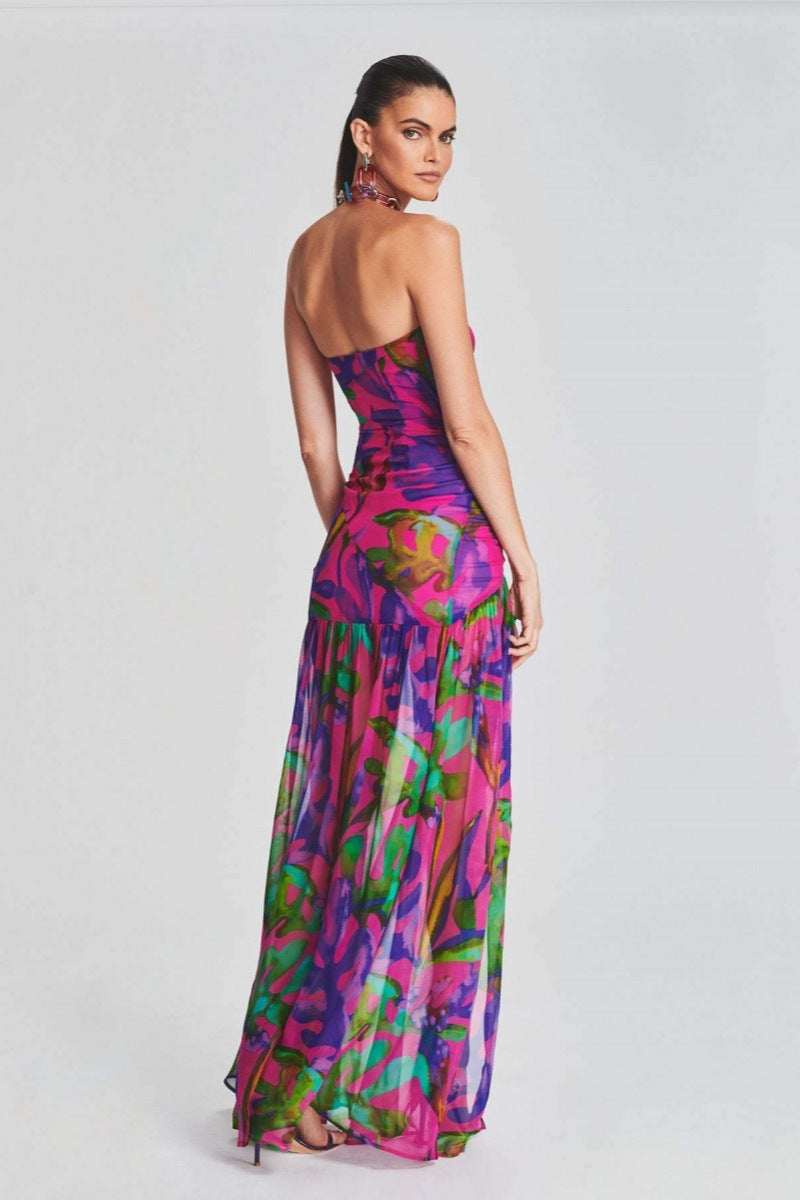 Isis Elevated Strapless Maxi Dress with Slit and Print Statement Occasion Edit