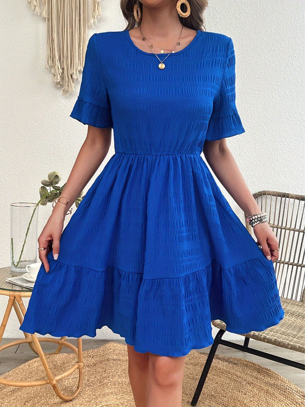 Blue Crew Neck Flutter Sleeve Elastic Waist Ruffle Hem Tiered Mini Dress 3