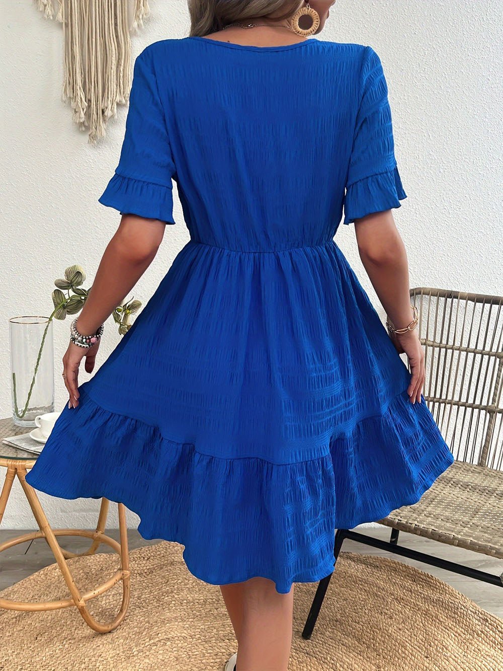 Blue Crew Neck Flutter Sleeve Elastic Waist Ruffle Hem Tiered Mini Dress 4