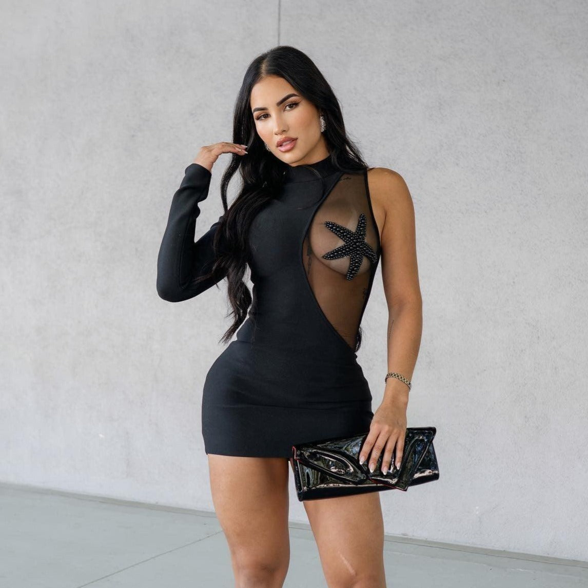 Black Mock Neck One Sleeve Starfish Patch Mesh Cutout Bodycon Mini Dress