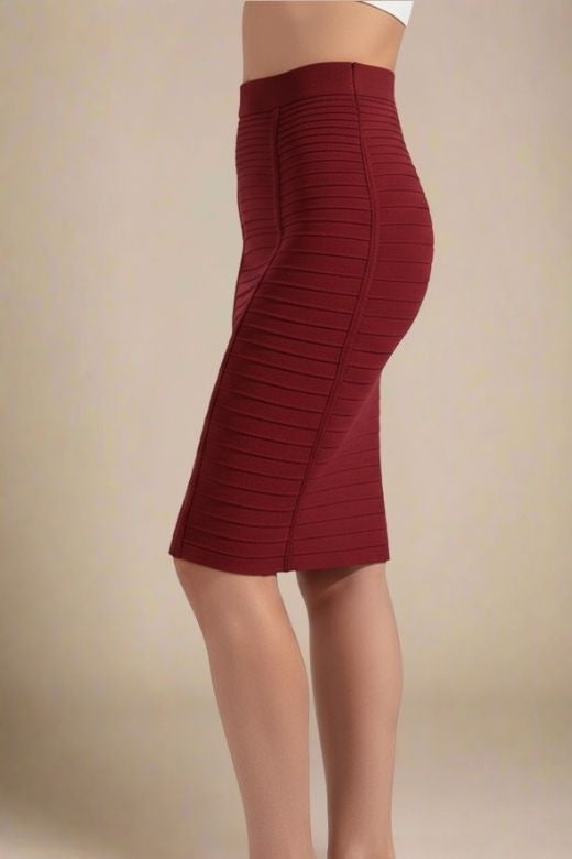 Pencil Bandage Knitted Knee Length Skirt - Red Wine