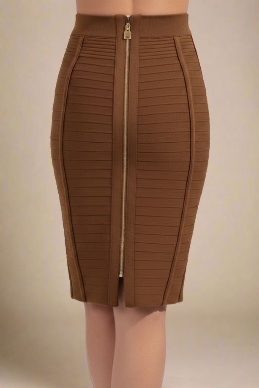 Pencil Bandage Knitted Knee Length Skirt - Tan Brown
