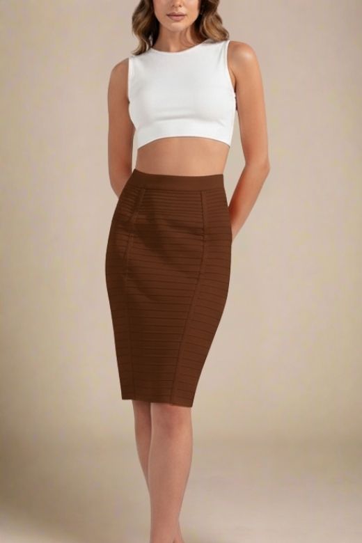 Pencil Bandage Knitted Knee Length Skirt - Tan Brown
