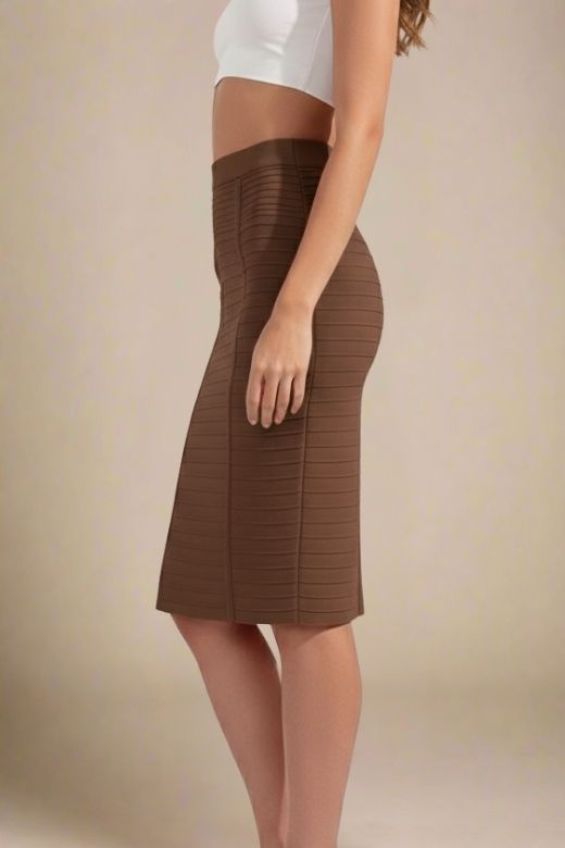 Pencil Bandage Knitted Knee Length Skirt - Tan Brown
