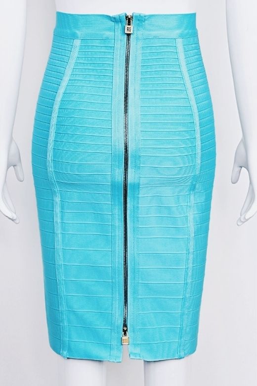Pencil High Waist Bandage Knee Length Knitted Skirt - Turquoise Blue