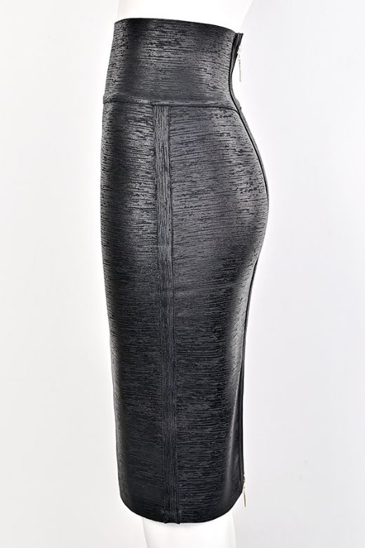 High Waist Leather Pencil Skirt Midi Length - Metallic Black