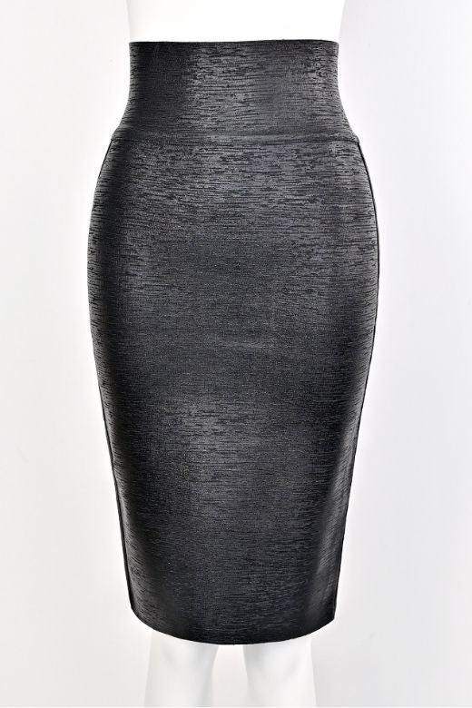 High Waist Leather Pencil Skirt Midi Length - Metallic Black