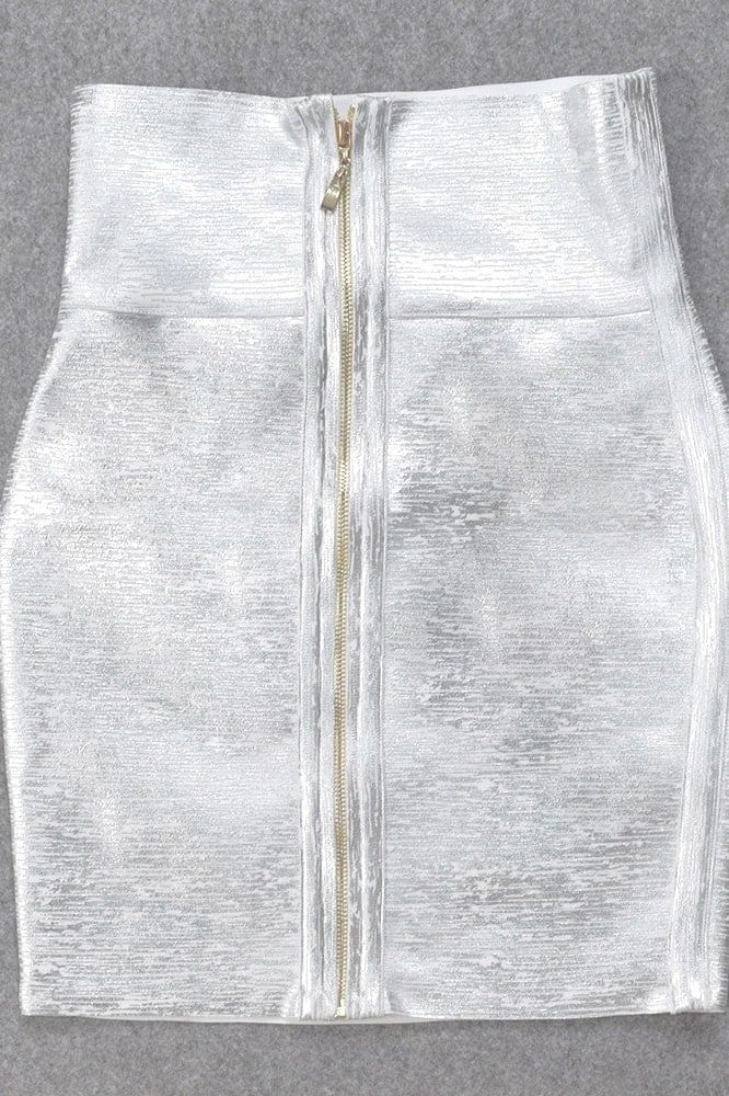 High Waist Leather Pencil Skirt Mini Length - Metallic Silver