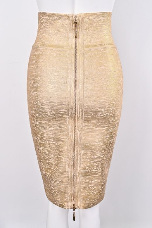 High Waist Leather Pencil Skirt Midi Length - Gold